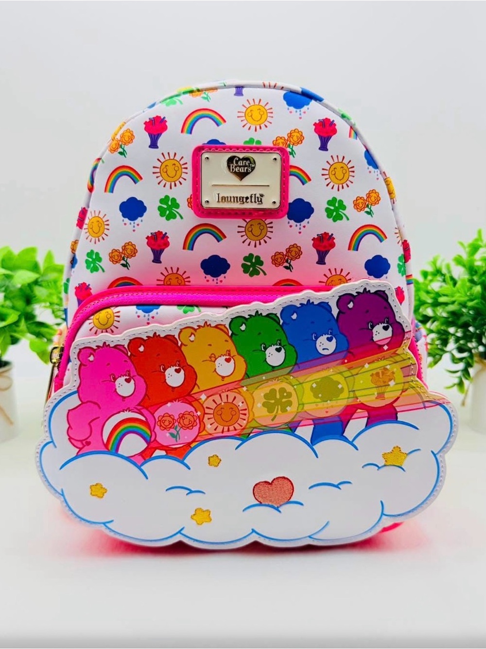 Loungefly White Rainbow Care Bears Mini Backpack with Multicolor Accents